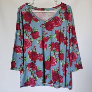 The Pioneer Woman Rose Floral Design V-Neck Blouse Size XL Color Red Blue